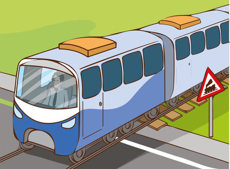 illustration of a blue train on the railway station with a driverのイラスト素材