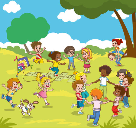 Children playing board game in the park. Vector illustration. Cartoon style.のイラスト素材