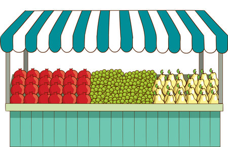 Fruits and vegetables on the market stall. Vector illustration in flat style.のイラスト素材