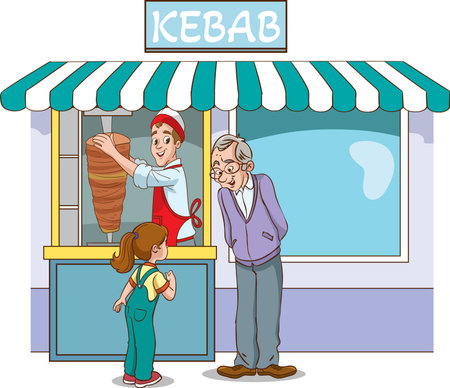 Illustration of a Family Shopping at a Kebab Fast Food Marketのイラスト素材