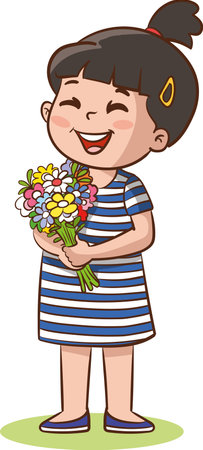 Illustration of a Little Girl Holding a Bouquet of Flowers and Smilingのイラスト素材