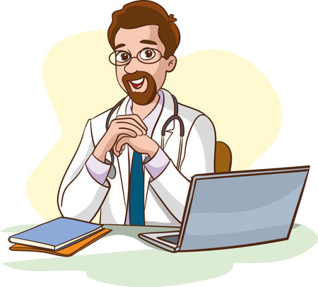 Vector illustration of a doctor sitting at his desk with a laptop.のイラスト素材