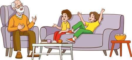Happy family sitting on sofa and watching tv together. Vector illustration.のイラスト素材