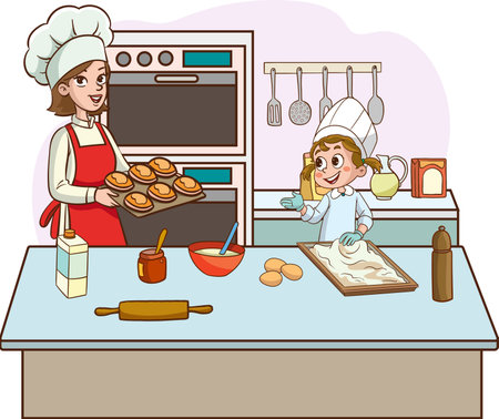 Little girl cooking in the kitchen with her mother, vector cartoon illustrationのイラスト素材