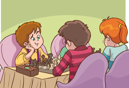 Illustration of Kids Playing Chess in a Room with a Green Backgroundのイラスト素材