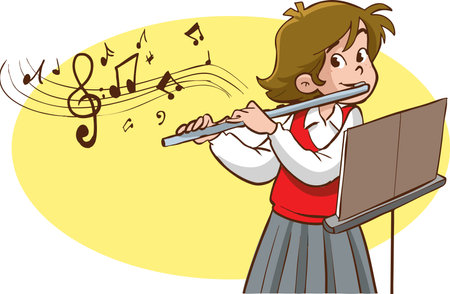 Illustration of a Little Girl Playing the Flute and Singingのイラスト素材