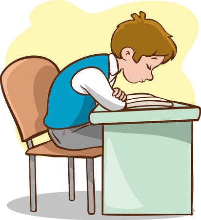 Illustration of a Kid Boy Reading a Book at the School Deskのイラスト素材