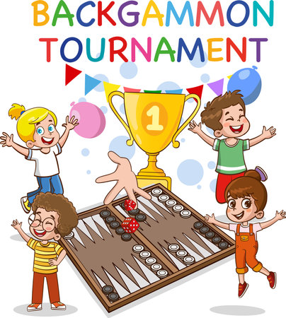 Backgammon tournament for kids on gray background, vector illustration.のイラスト素材