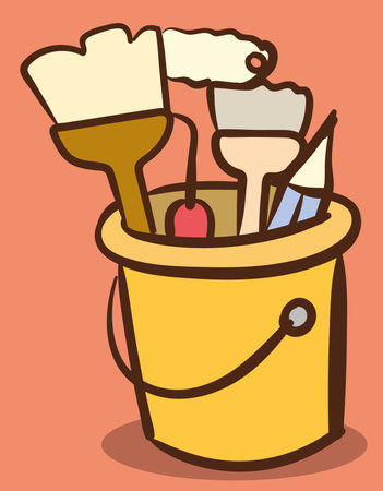 Paint brushes and paint bucket vector illustration in doodle styleのイラスト素材