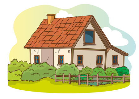 Illustration of an old house in the countryside. Vector illustration.のイラスト素材