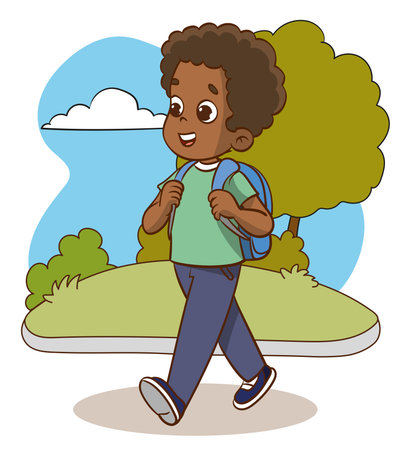 cute little afro boy with backpack cartoon vector illustration graphic designのイラスト素材