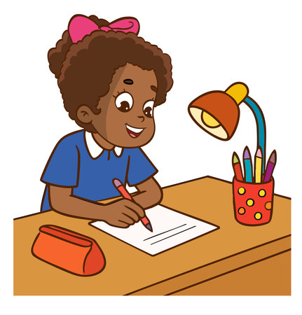 Cute African American schoolgirl writing a letter. Vector illustration.のイラスト素材