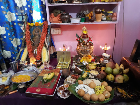 Indian traditional festival and hindu goddess Varalakshmi Vratham or pooja decorationのeditorial素材