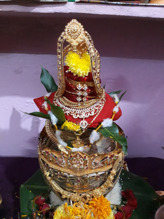 Indian traditional festival and hindu goddess Varalakshmi Vratham or pooja decorationのeditorial素材