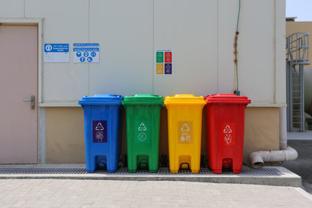 Garbage can Separation of waste. Disposal refuse rubbish bin. Different Colored wheelie basket set. Sorting and recycling of organic, plastic, paper, metal and glass waste and trash management conceptの写真素材