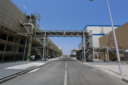Power plan aerial view of machineries such as heat exchanger, power generators, diesel generators, power plantのeditorial素材