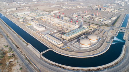 Power plan aerial view of machineries such as heat exchanger, power generators, diesel generators, power plantのeditorial素材