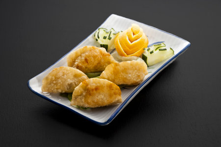 dumplings in white tray on black backgroundの写真素材
