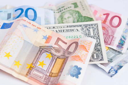 money bills on white backgroundの写真素材