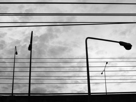 Light pole with power lines, black and whiteの写真素材