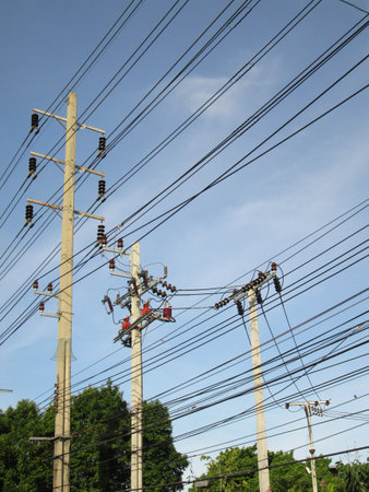electricity post in blue sky at Thailand