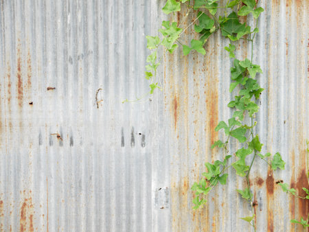Green ivy on rusty zinc fence backgroundの写真素材