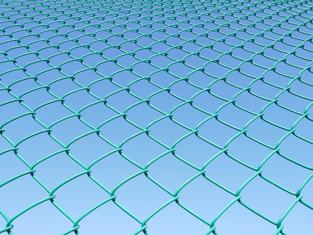 Green seamless fence chain, Iron wire fence on blue sky backgroundの写真素材