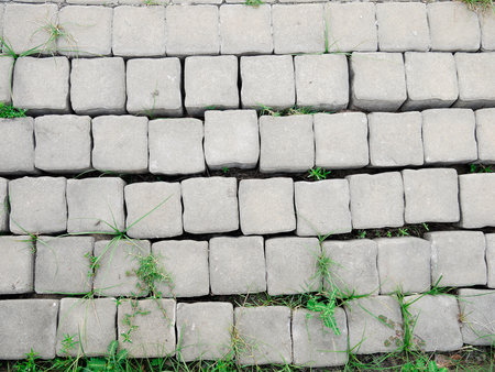 Surface of a broken cement brick pavement for textural backgroundの写真素材