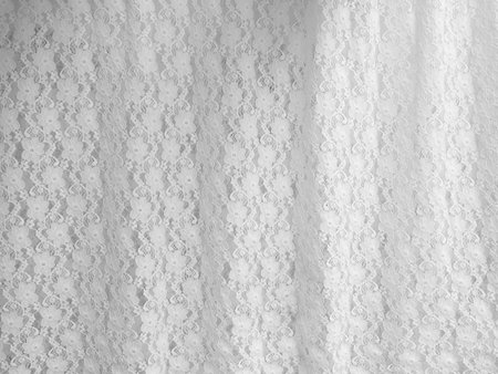 White fabric lace with small flowers on the white backgroundの写真素材