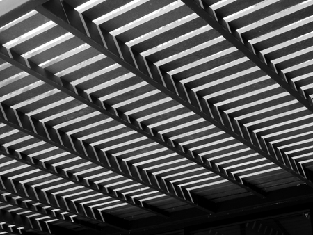 black and white wood ceiling pattern with light and shadowの写真素材