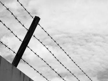 black and white barbed wire wall with skyの写真素材