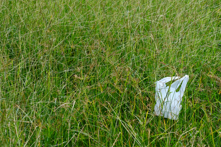 plastic bag on grass in the parkの写真素材