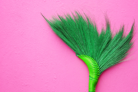 green broom against the pink wall background, minimalism style