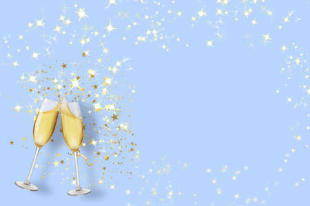 Fun background. Creative design with champagne wine with a glass. Pastel blue background with sequins and a blank space for a message or greeting card. Creative concept. 3d renderingの写真素材