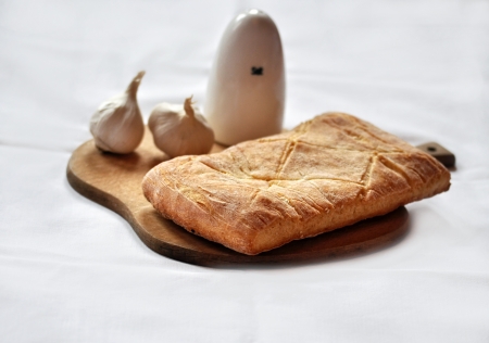 Fresh bread,salt and garlicの写真素材