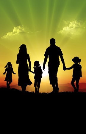 happy family and sunsetの写真素材