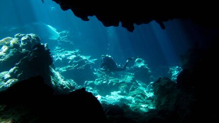 A diver in the distance exploring an underwater cavern.の写真素材