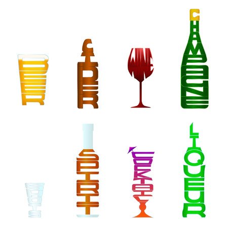 A collection of 8 different types of alcohol using figurative typography, so each items word is in the shape of its meaning.  If downloaded as a vector, a silhouette version of each item is provided on a separate layer.  Compound Paths are present Transpaのイラスト素材