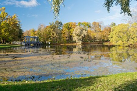The marble bridge In the Catherine Park of the Museum-reserve Tsarskoye Selo in Russiaのeditorial素材