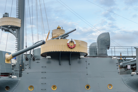 The cruiser Aurora after a long renovation has returned to the place of eternal parking on the Petrograd embankment. Close-upのeditorial素材