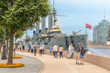 SAINT-PETERSBURG, RUSSIA - AUGUST 5, 2016: The cruiser Aurora after a long renovation returned to the place of eternal parking on the Petrograd embankment. Cruiser Aurora can visit all comersのeditorial素材