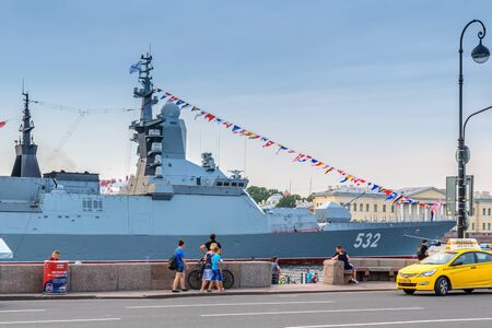 SAINT-PETERSBURG, RUSSIA - JULY 2016: a warship in the waters of the Neva River on the eve of the feast of the Navyのeditorial素材