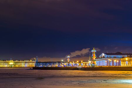 RUSSIA, SAINT-PETERSBURG - January, 2017: Spit of Vasilyevsky Island. Night. Christmas and New Year's lights.のeditorial素材