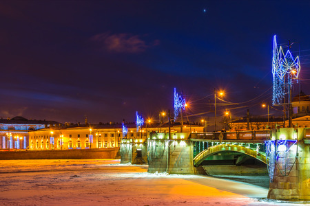 RUSSIA, SAINT-PETERSBURG - January, 2017: Christmas. View of the Spit of Vasilyevsky Island and Exchange Bridgeのeditorial素材