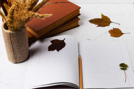Notebook with a bookmark made of four-leaf clover on the background of an autumn bouquet and leaves...