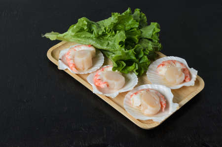 A natural raw scallop with a shrimp tail in the shell with a lettuce leaf in a wooden bowl on a dark...