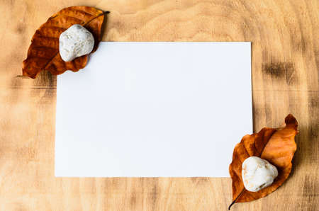 Mockup. A white sheet of paper on a wooden surface, surrounded by autumn leaves and white stones. Selective focus.の写真素材