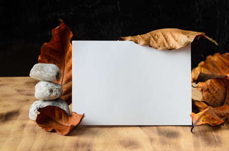 Mockup. A white sheet of paper on a wooden surface, surrounded by autumn leaves and white stones....