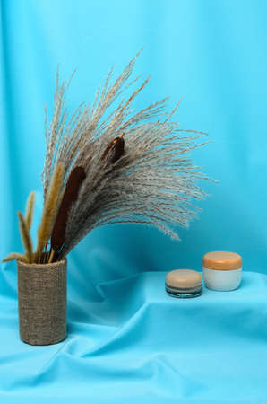 Transparent and white jars with cream for hand and face skin care on the background of an autumn bouquet of reeds and cattails. Selective focus.の写真素材