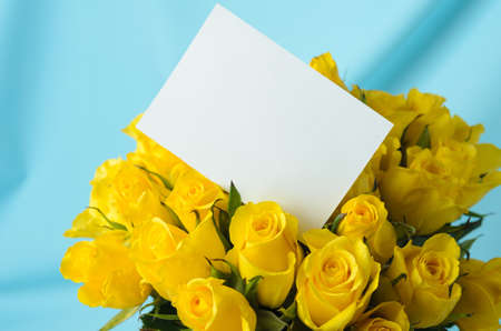 A large bouquet of delicate yellow roses with a white greeting card on a blue wavy background, with a copy space. Selective focus.の写真素材
